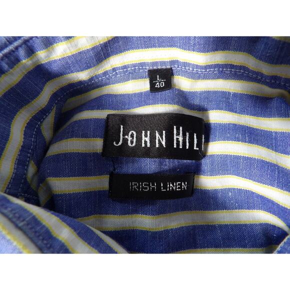 John Hill Shirt Irish Linen Mens Sz 40 Large Button Up Vertical Stripe Blue Vaca - Picture 2 of 14